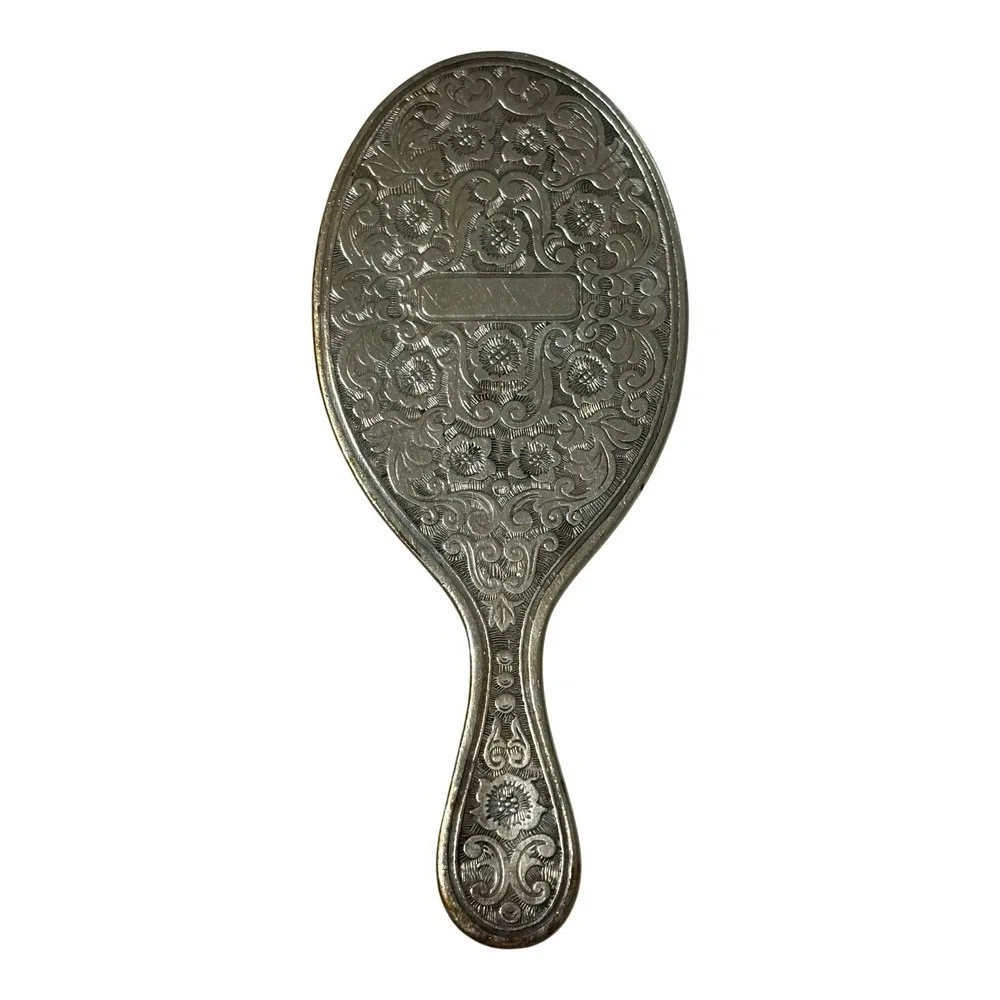 Vintage Silver Tone Mini Hand Mirror Folding Comb Set Floral Engraved Vanity